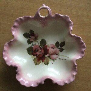 Vintage plate/bowl pink scalloped edge roses leaves finger handle signed L B 8"